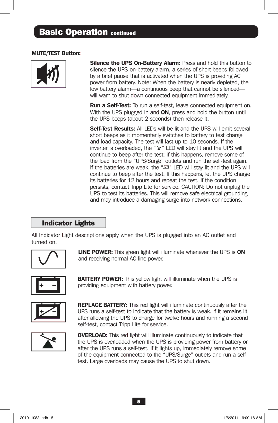 Tripp Lite BC600SINE owner manual Indicator Lights, MUTE/TEST Button 